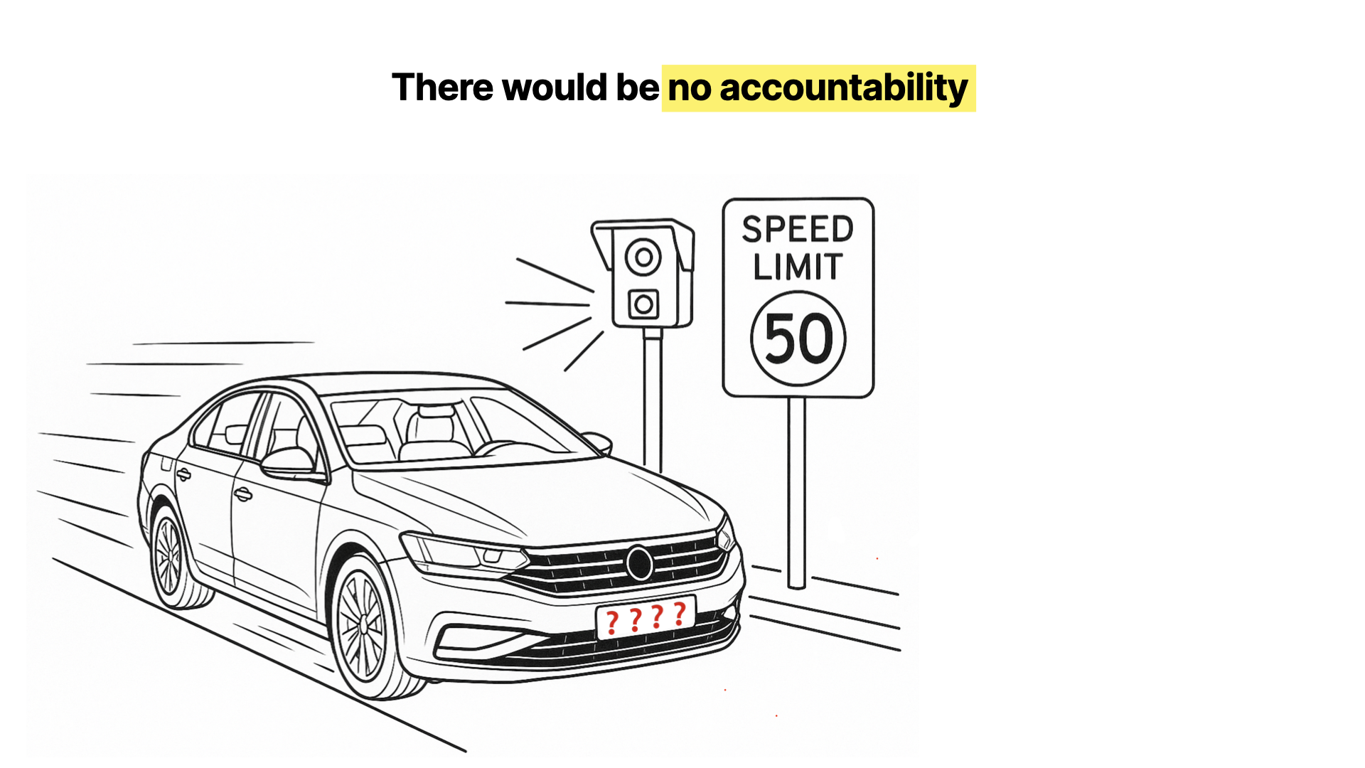 A car with no license plate being caught by a speed camera - there would be no accountability