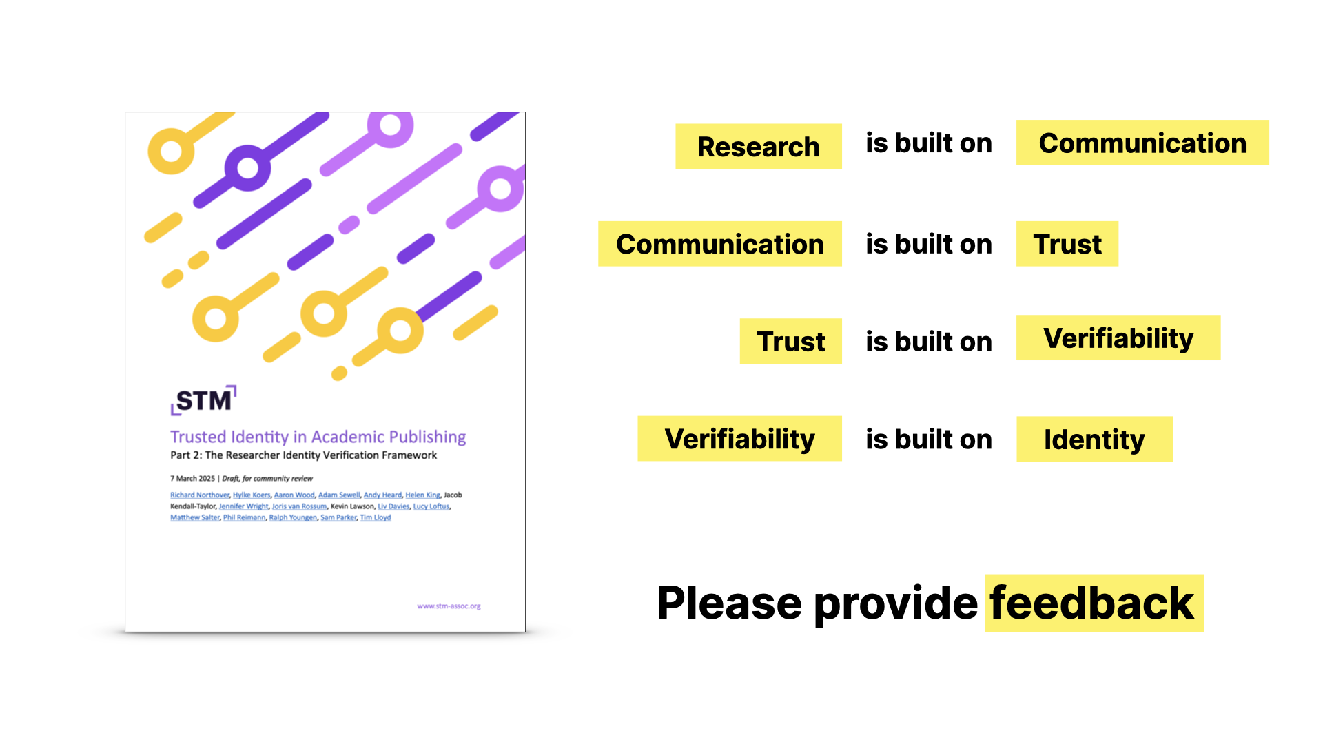 The cover of the RIVER report, and the summary - Research is built on Communication Communication is built on Trust Trust is built on Verifiability Verifiability is built on Identity